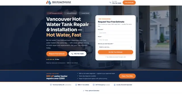 Alpha Omega Mechanical water heater landing page (desktop)