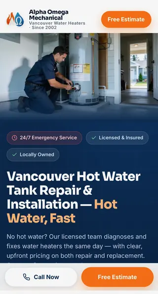 Alpha Omega Mechanical water heater landing page (mobile)