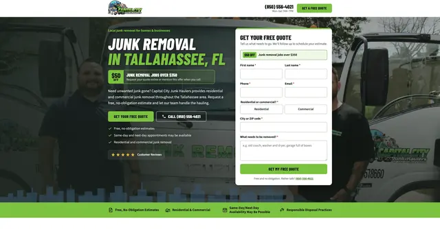 Capital City Junk Haulers landing page (desktop)