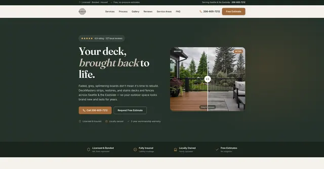 DeckMasters Seattle website — deck and fence restoration (desktop)