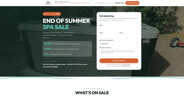D's Outdoor Living spa sale landing page (desktop)