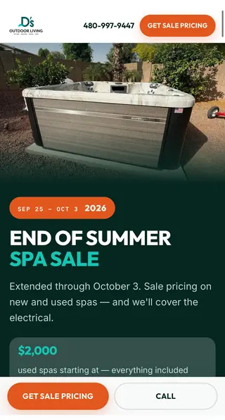 D's Outdoor Living spa sale landing page (mobile)