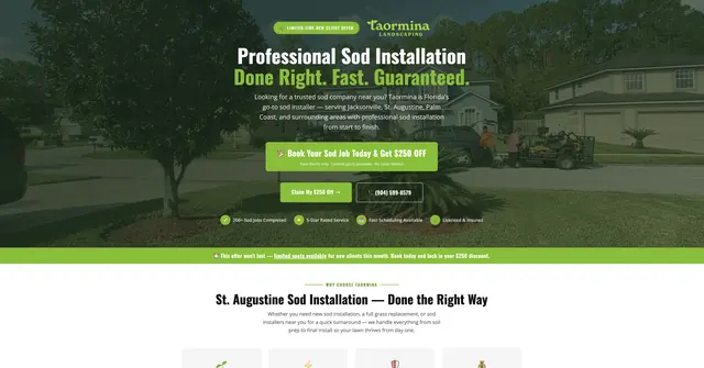 Taormina Landscaping sod installation landing page (desktop)