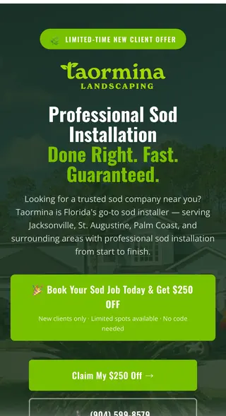 Taormina Landscaping sod installation landing page (mobile)