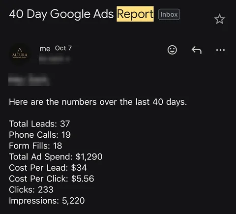Client email report: 40 days — 37 leads (19 calls, 18 forms), $1,290 ad spend, $34 cost per lead
