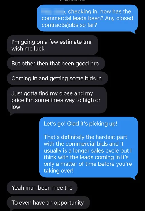 Text from a landscaping client about commercial leads and bids coming in