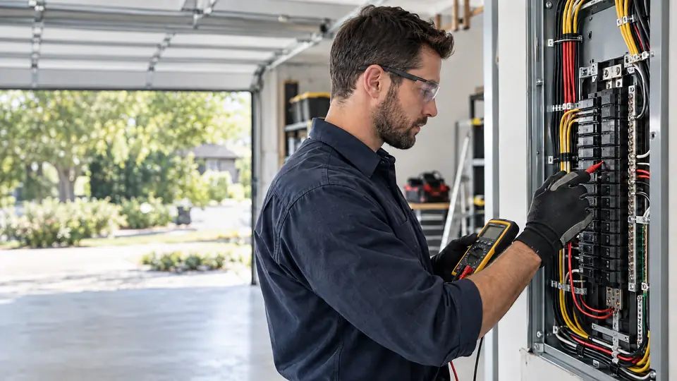 Electrician testing wiring in a residential electrical panel