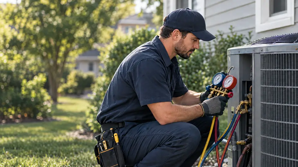 HVAC technician servicing an outdoor air conditioning unit
