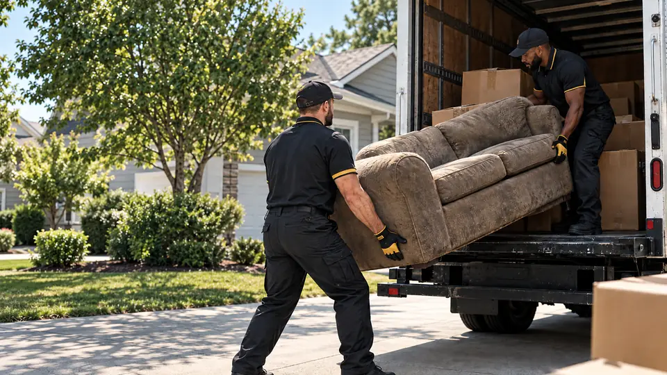 Two junk removal crew members loading an old couch into a truck