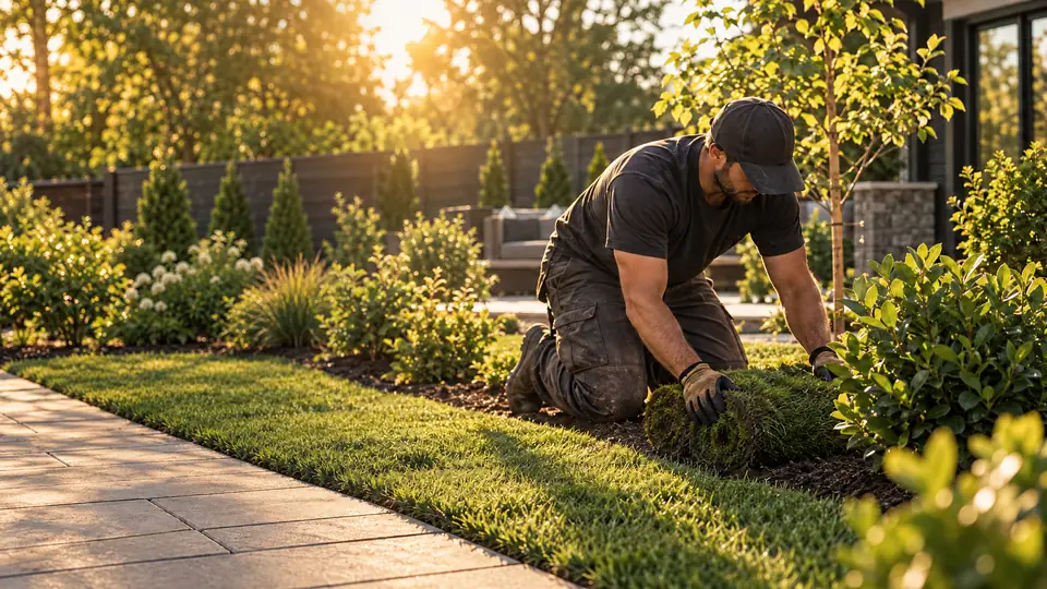 Landscaper laying fresh sod in a residential backyard