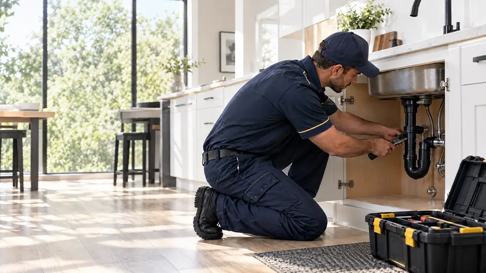 Plumber working under a kitchen sink in a customer’s home