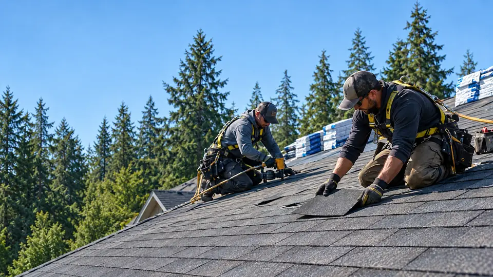 Roofer installing shingles on a residential roof